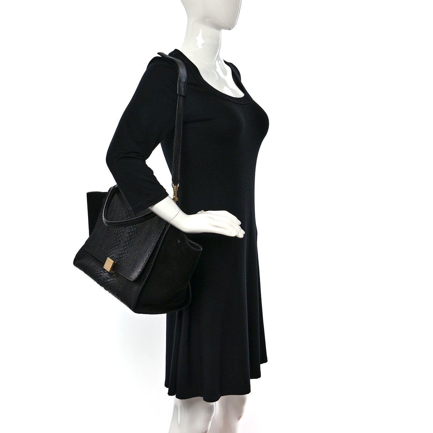 Celine Snakeskin Suede Small Trapeze Black 2 of 8
