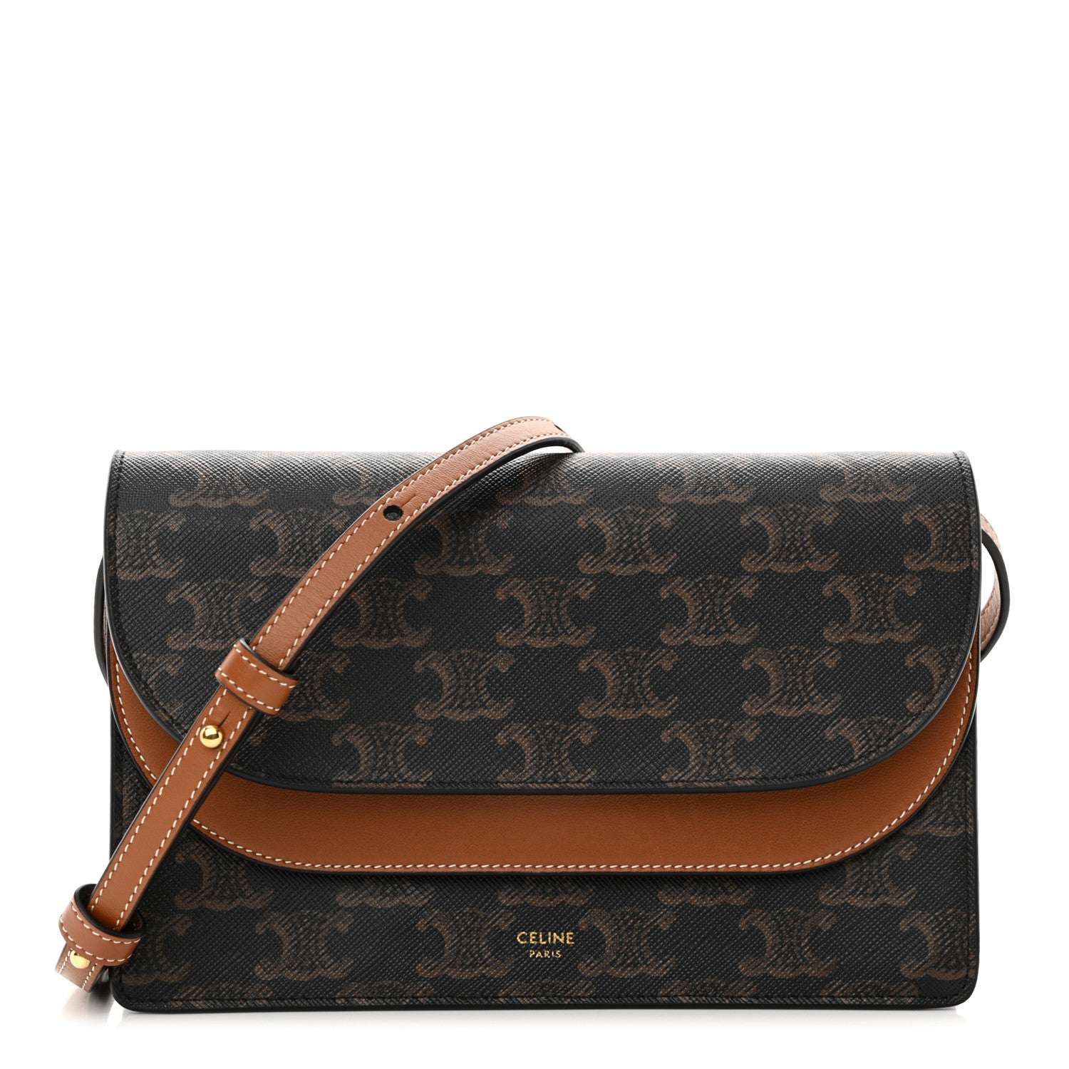 Celine Triomphe Canvas Lambskin Wallet On Strap Tan 1 of 14