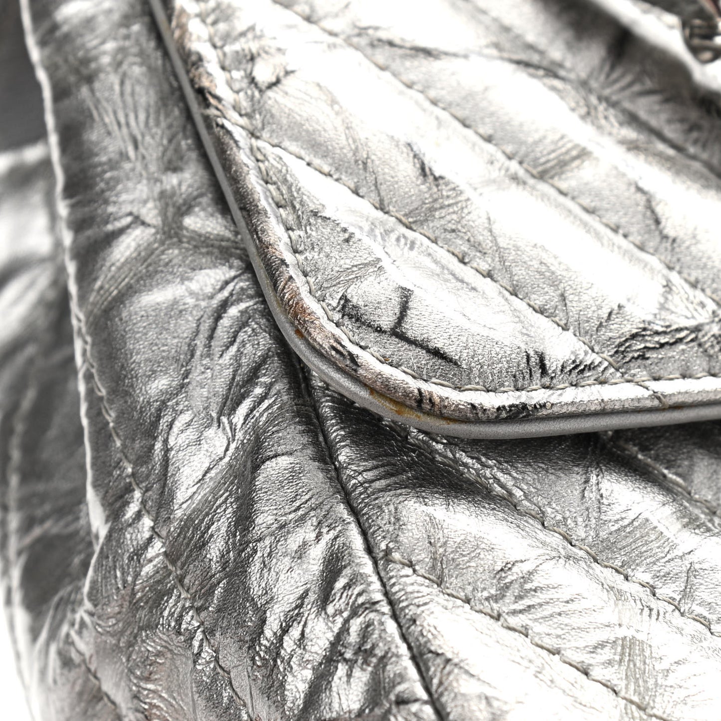 Metallic Patent Crumpled Calfskin Chevron Quilted Mini Square Flap Silver