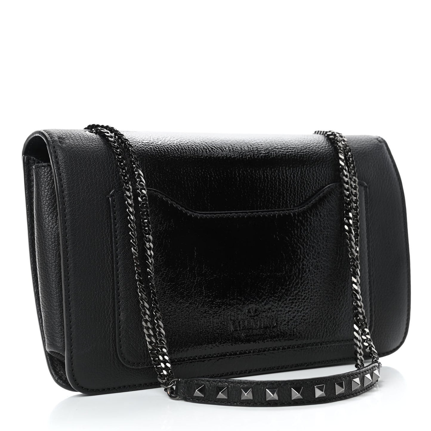 Patent Pebbled Calfskin Medium Rockstud Demilune Shoulder Bag Black