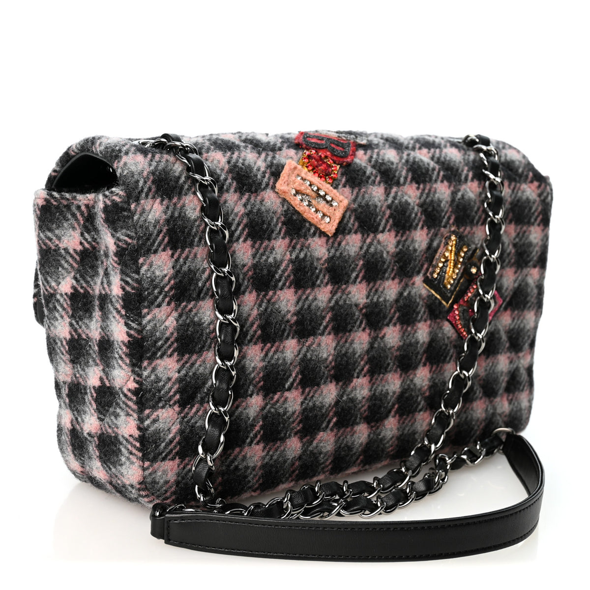 Wool Patchwork Medium Single Flap Pink Grey