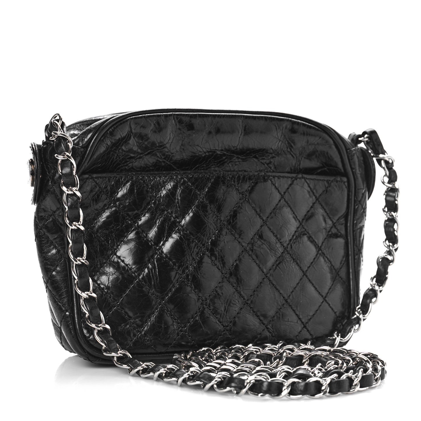 Glazed Crackled Calfskin Quilted CC Crossbody Black