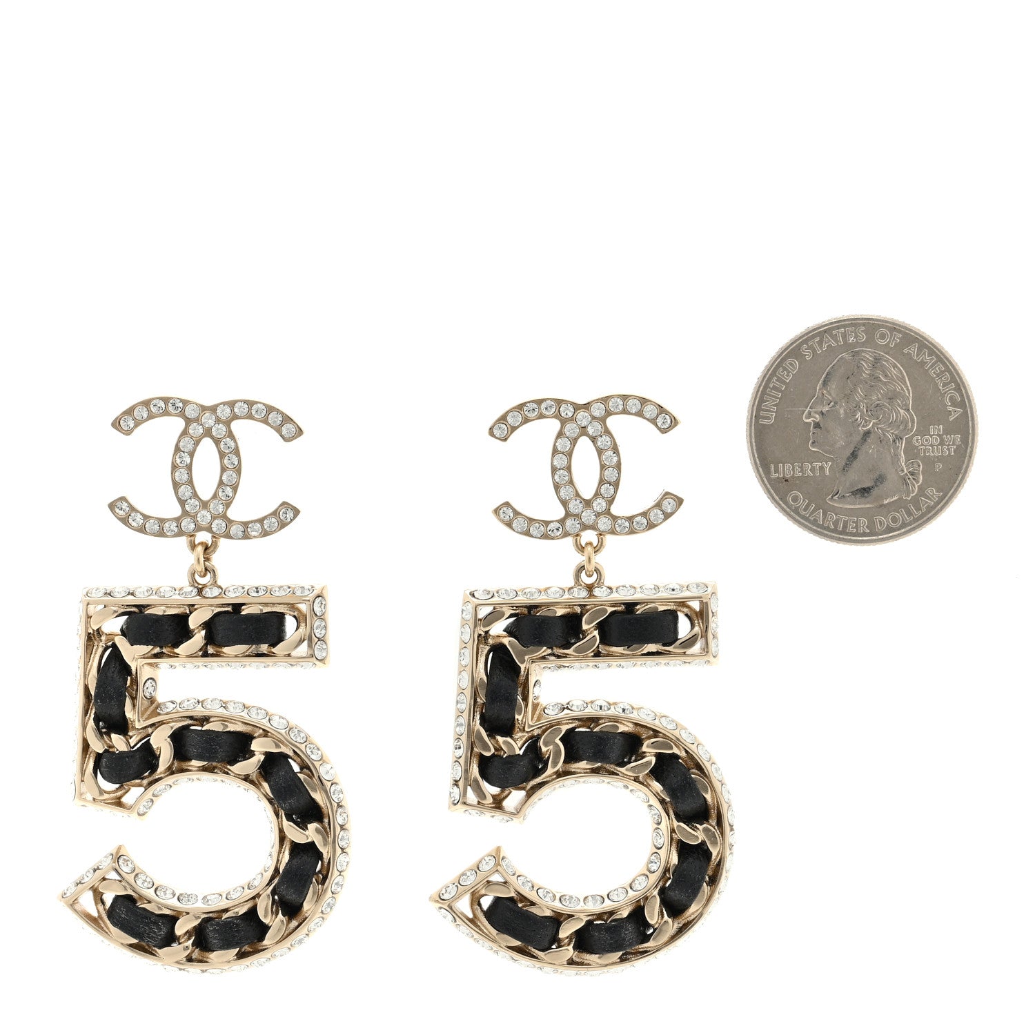 Chanel Crystal Lambskin Chain CC No 5 Drop Earrings Gold Black 2 of 4