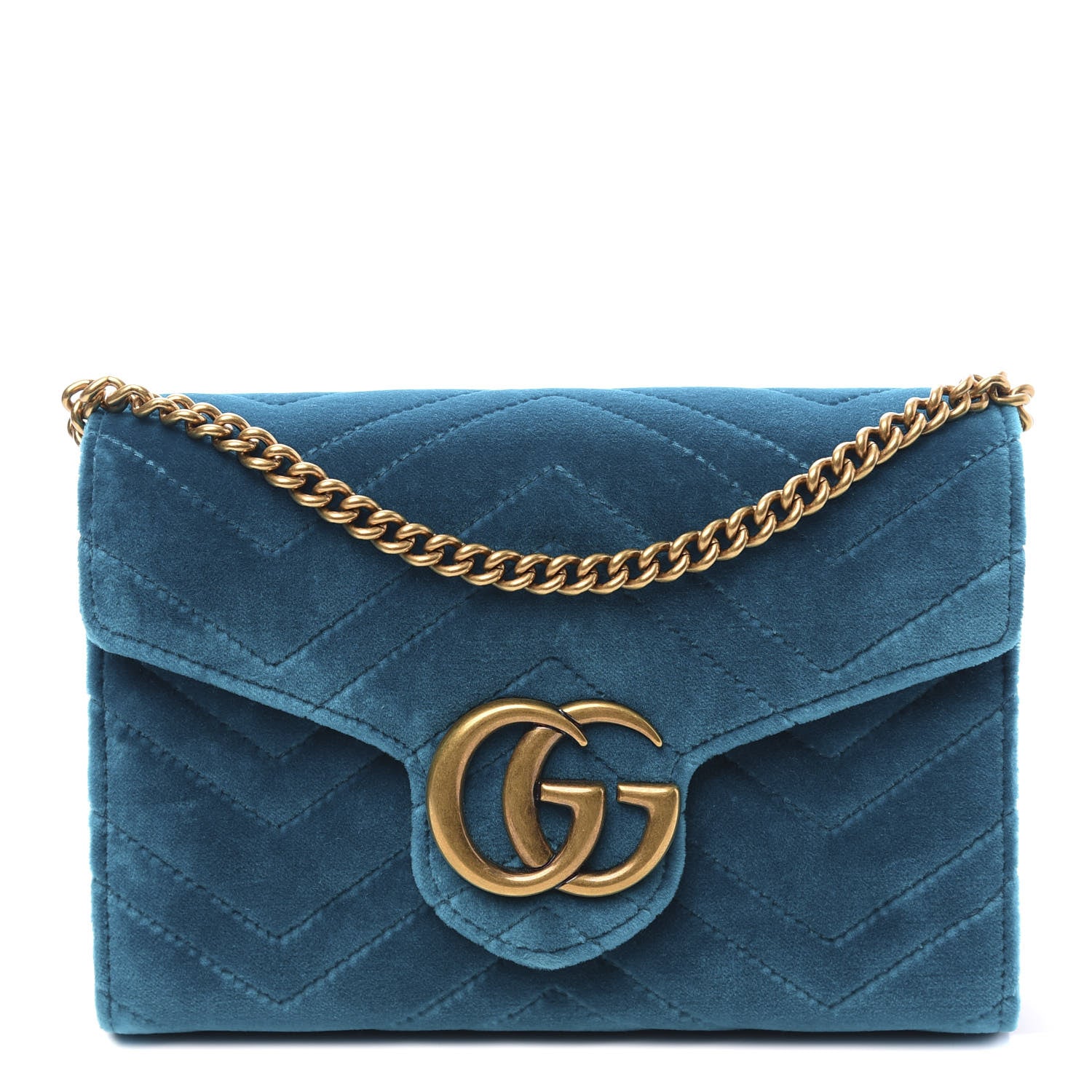Gucci Velvet Matelasse GG Marmont Chain Wallet Pavone Cyan 1 of 9
