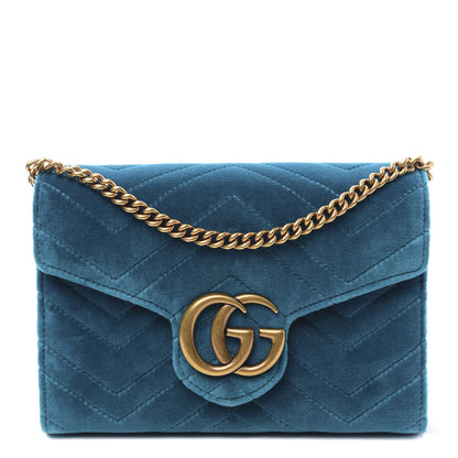 Gucci Velvet Matelasse GG Marmont Chain Wallet Pavone Cyan 1 of 9