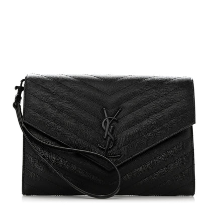 Saint Laurent Grain De Poudre Matelasse Chevron Monogram Monochrome Envelope Clutch Black 1 of 7
