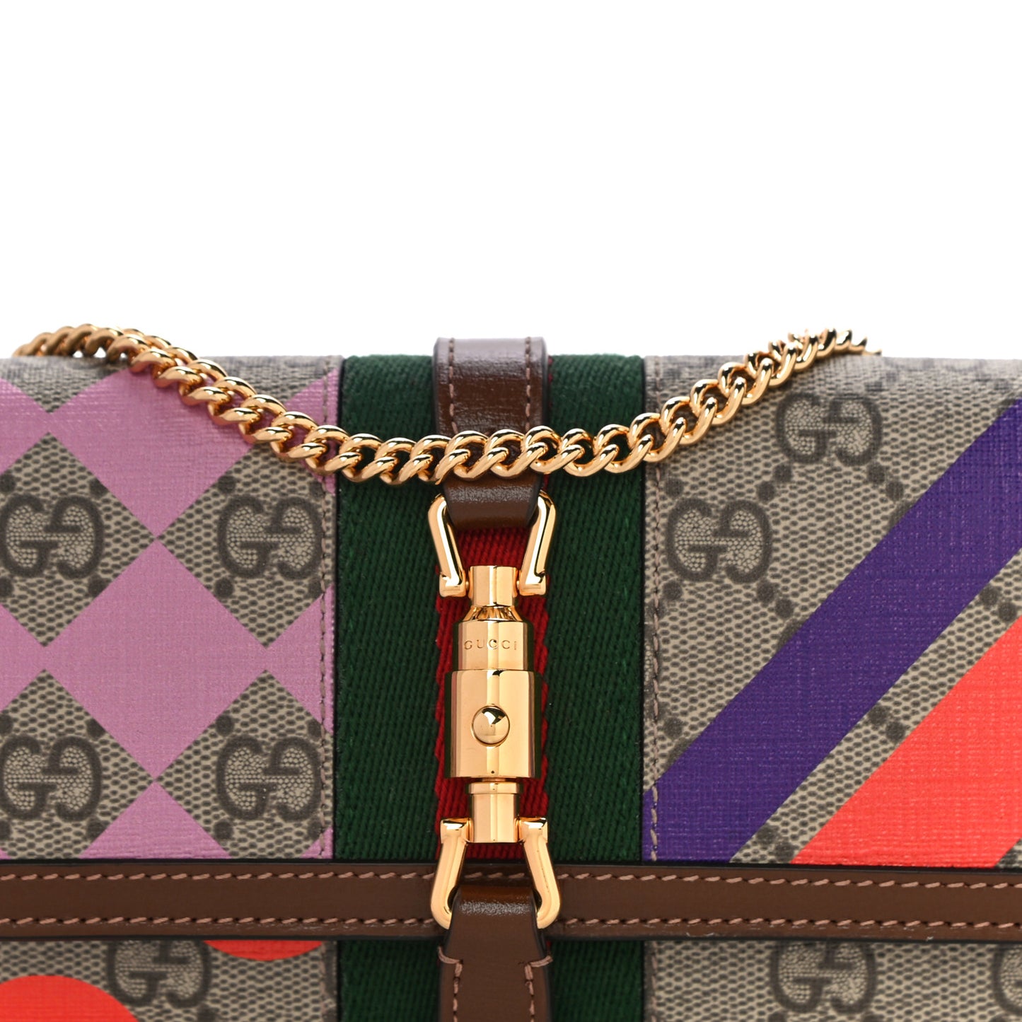 GG Supreme Monogram Geometric Web Jackie 1961 Chain Wallet Beige Multicolor Brown Sugar