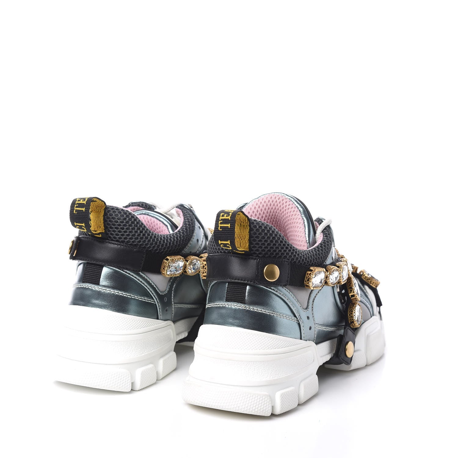 Gucci X SEGA Metallic Calfskin Removable Crystals Womens Flashtrek Sneakers 37 Lago Loess Silver 4 of 9