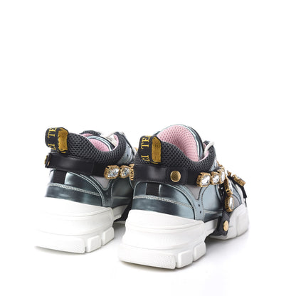 Gucci X SEGA Metallic Calfskin Removable Crystals Womens Flashtrek Sneakers 37 Lago Loess Silver 4 of 9