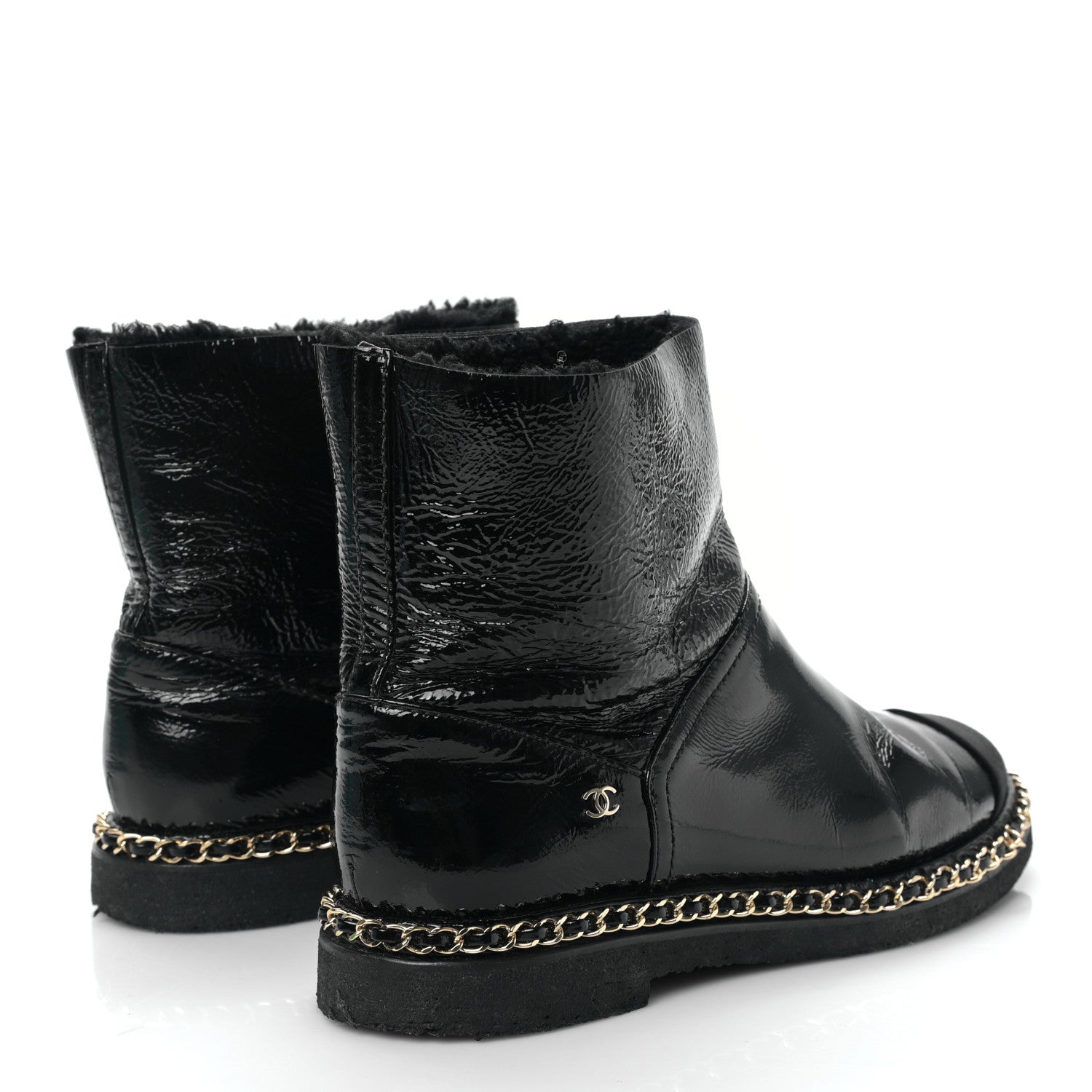 Chanel Crumpled Calfskin Shearling Womens Cap Toe Chain Short Boots 40 Black 4 of 8