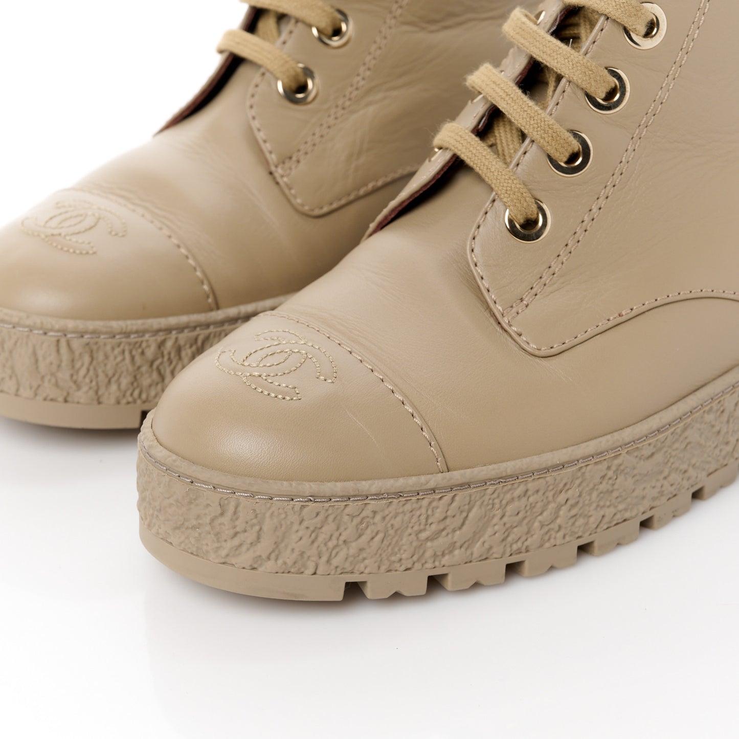 Calfskin CC Turnlock Lace Up Boots 39.5 Beige
