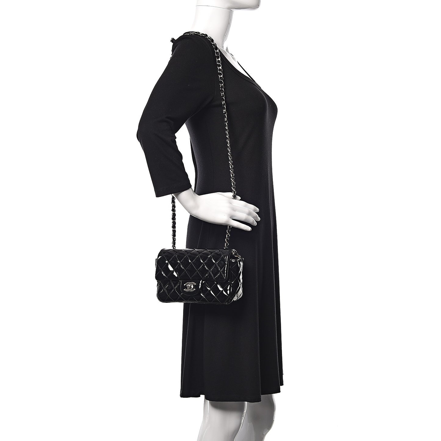 Patent Calfskin Quilted Mini Rectangular Flap Black