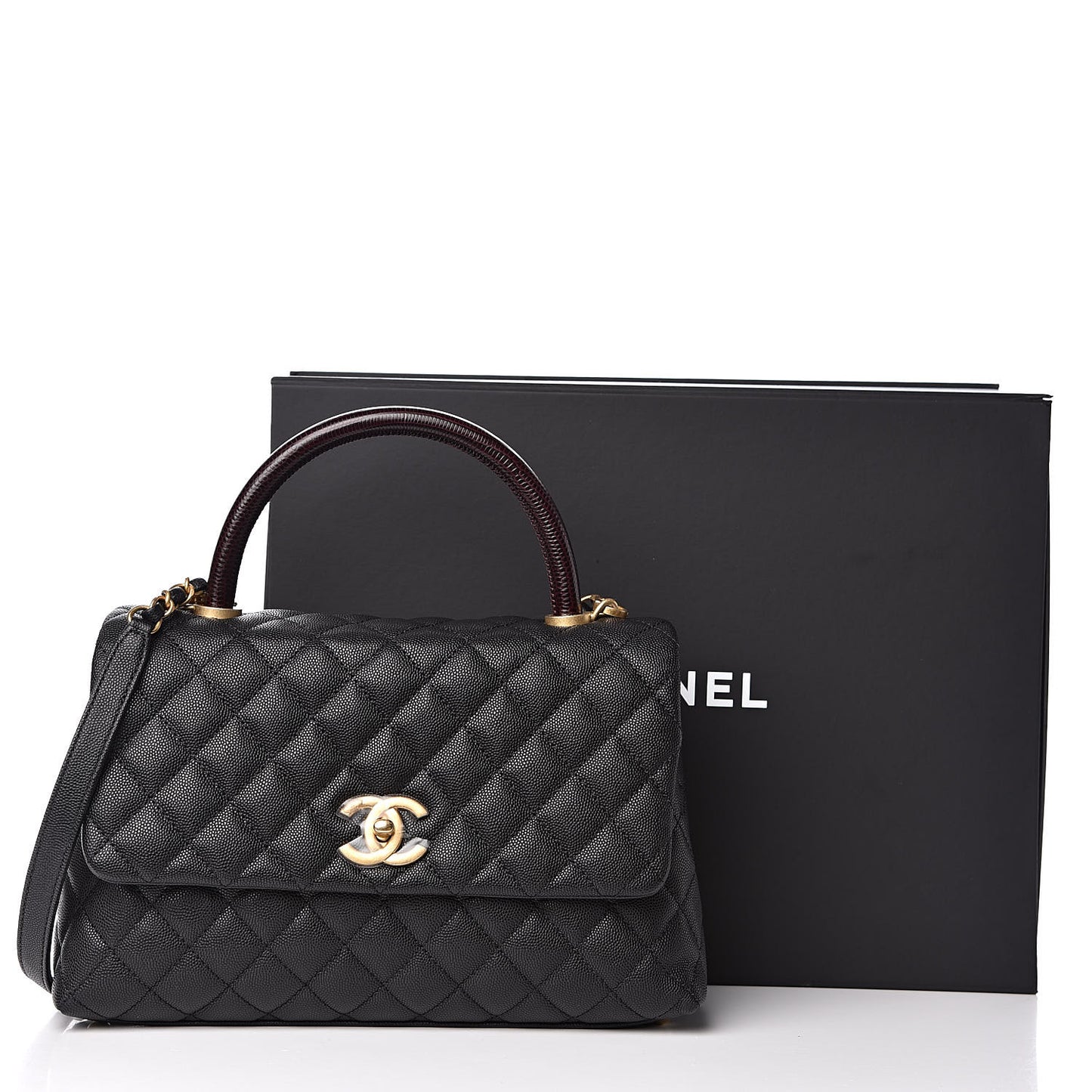 Caviar Lizard Embossed Quilted Small Coco Handle Flap Black
