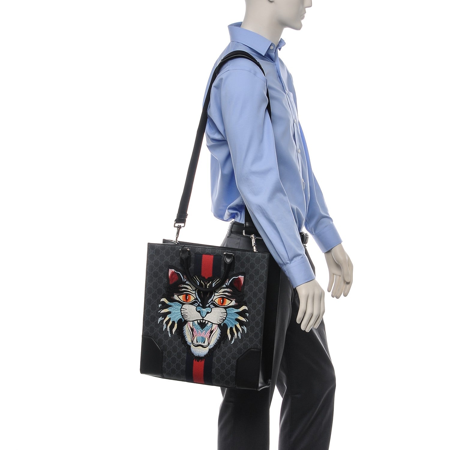 Gucci GG Supreme Monogram Web Angry Cat Embroidered Vertical Tote Black Grey 2 of 7