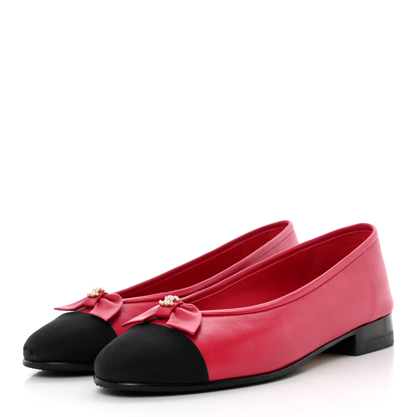 Lambskin Grosgrain Pearl CC Bow Ballerina Cap Toe Flats 37 Pink Black