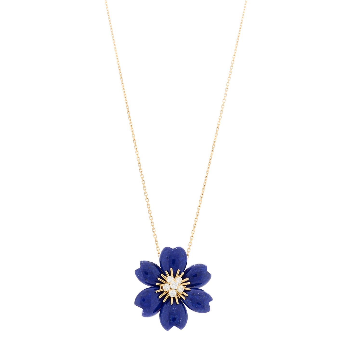 18K Yellow Gold Diamond Lapis Lazuli Small Rose De Noel Pendant Necklace