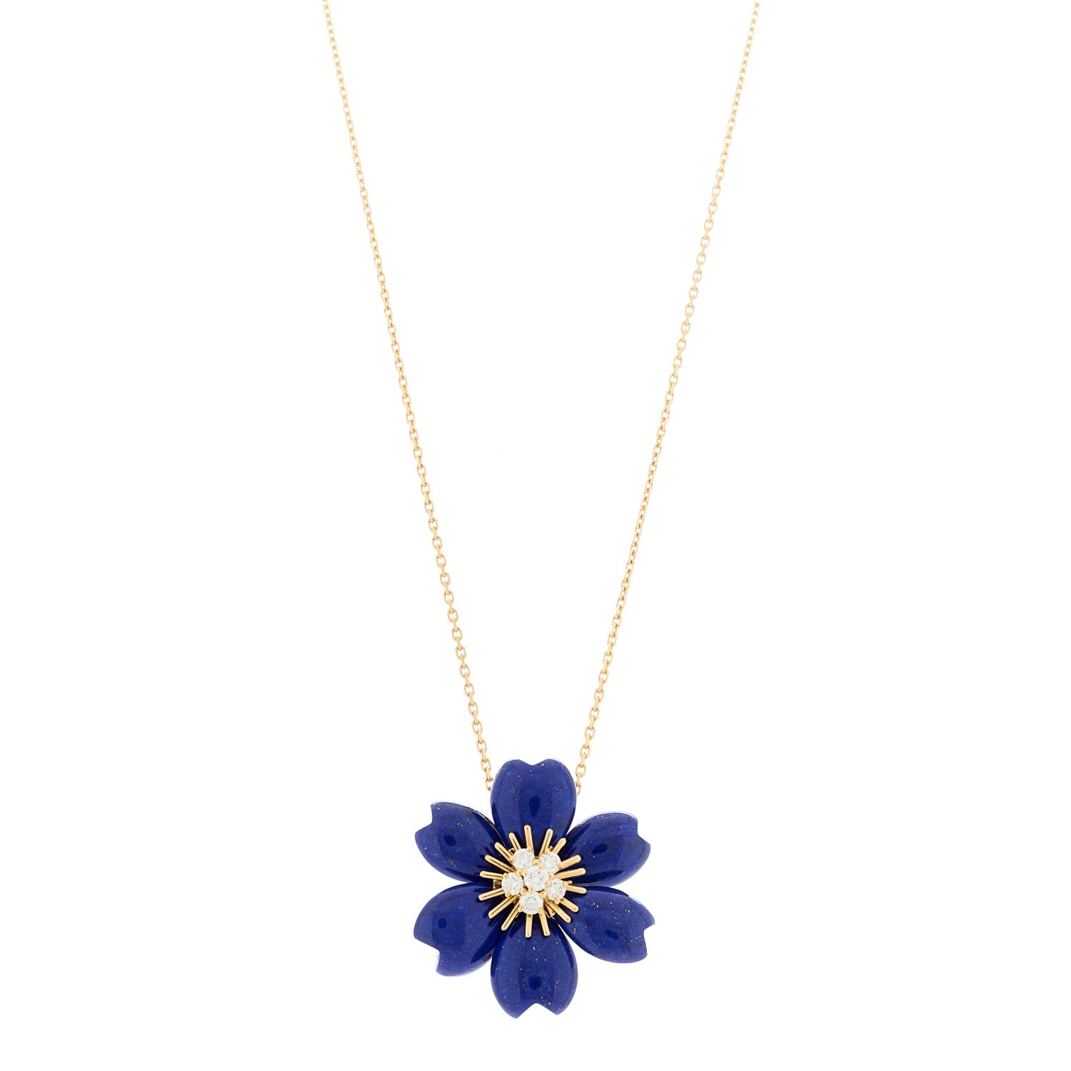 Van Cleef & Arpels 18K Yellow Gold Diamond Lapis Lazuli Small Rose De Noel Pendant Necklace 1 of 6