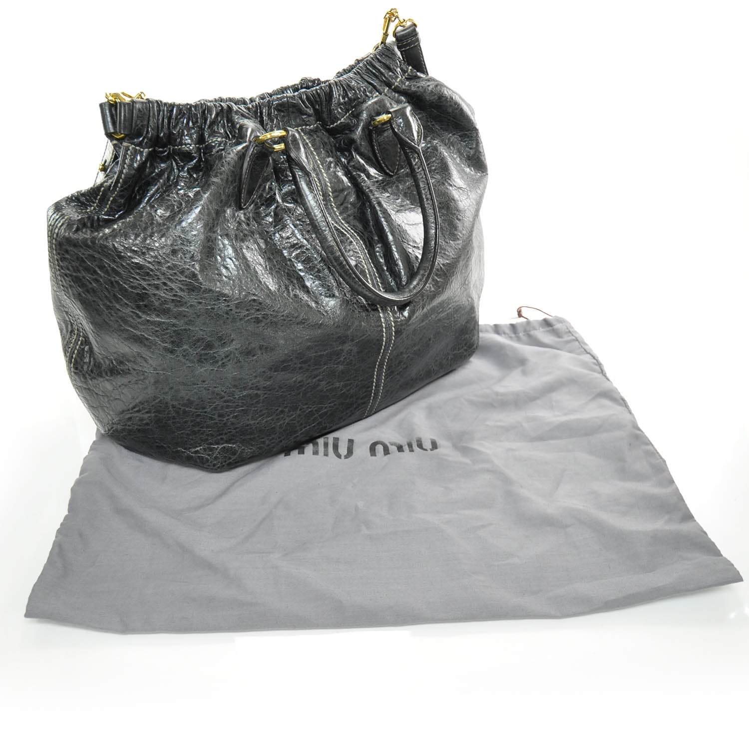 Miu Miu Leather Gathered Tote Black 3 of 9