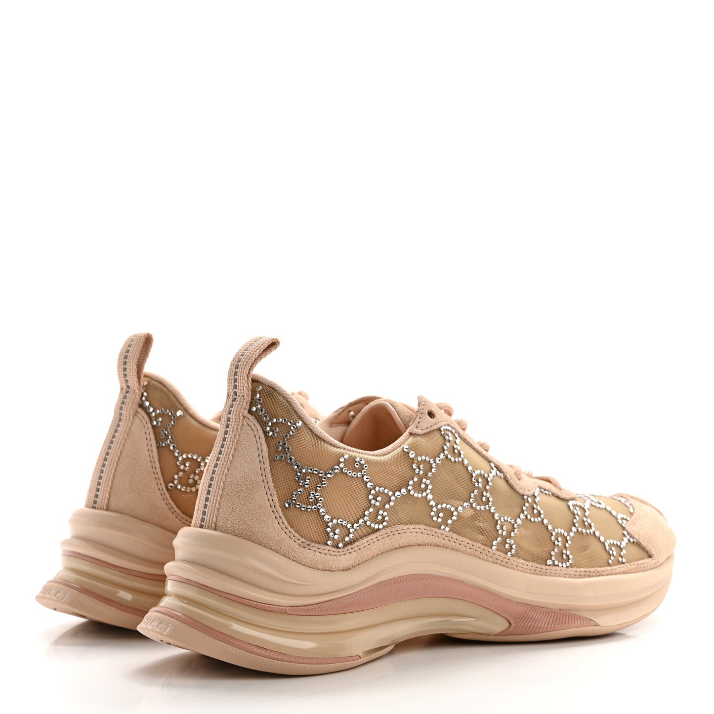 Tela Retino Mesh Crystal Suede GG Monogram Womens Gucci Run Sneakers 38 Light Powder Skin Rose Silver