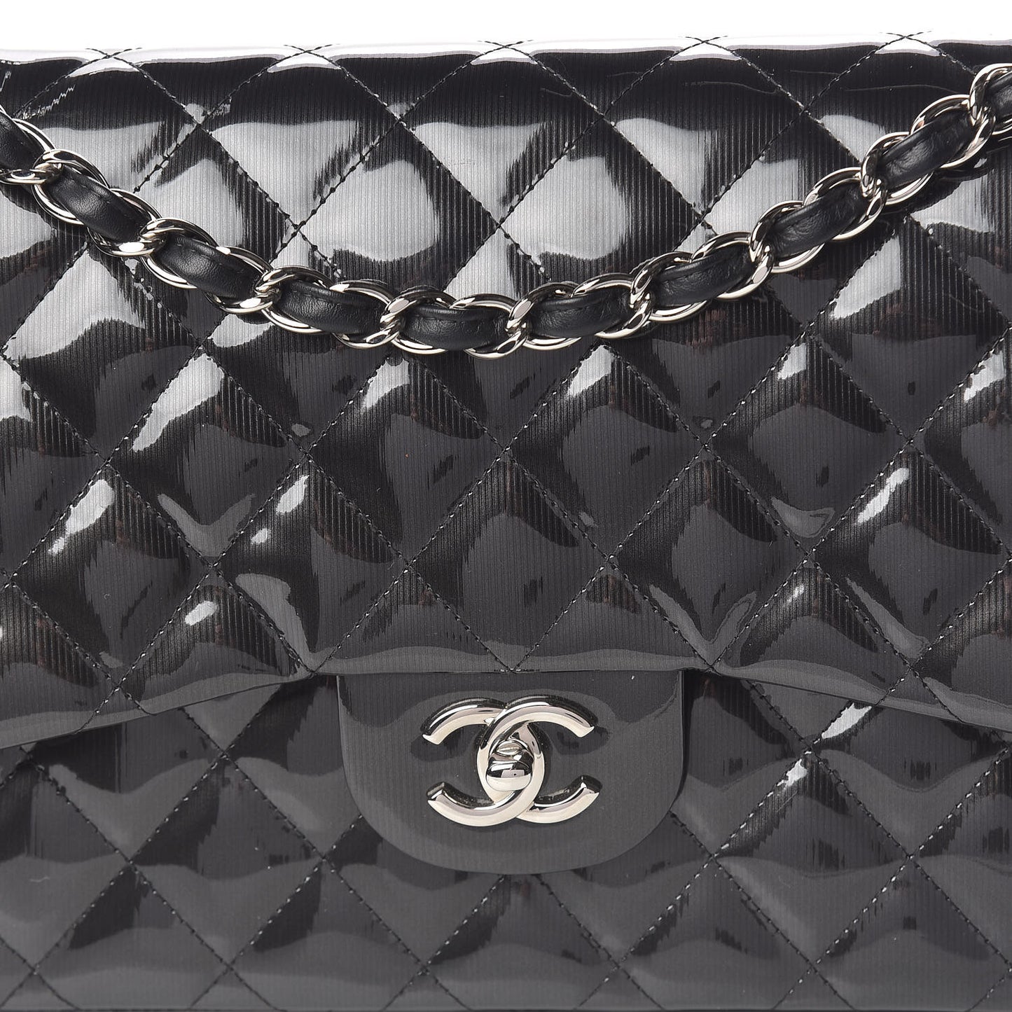 Striated Patent Quilted Jumbo Double Flap Black