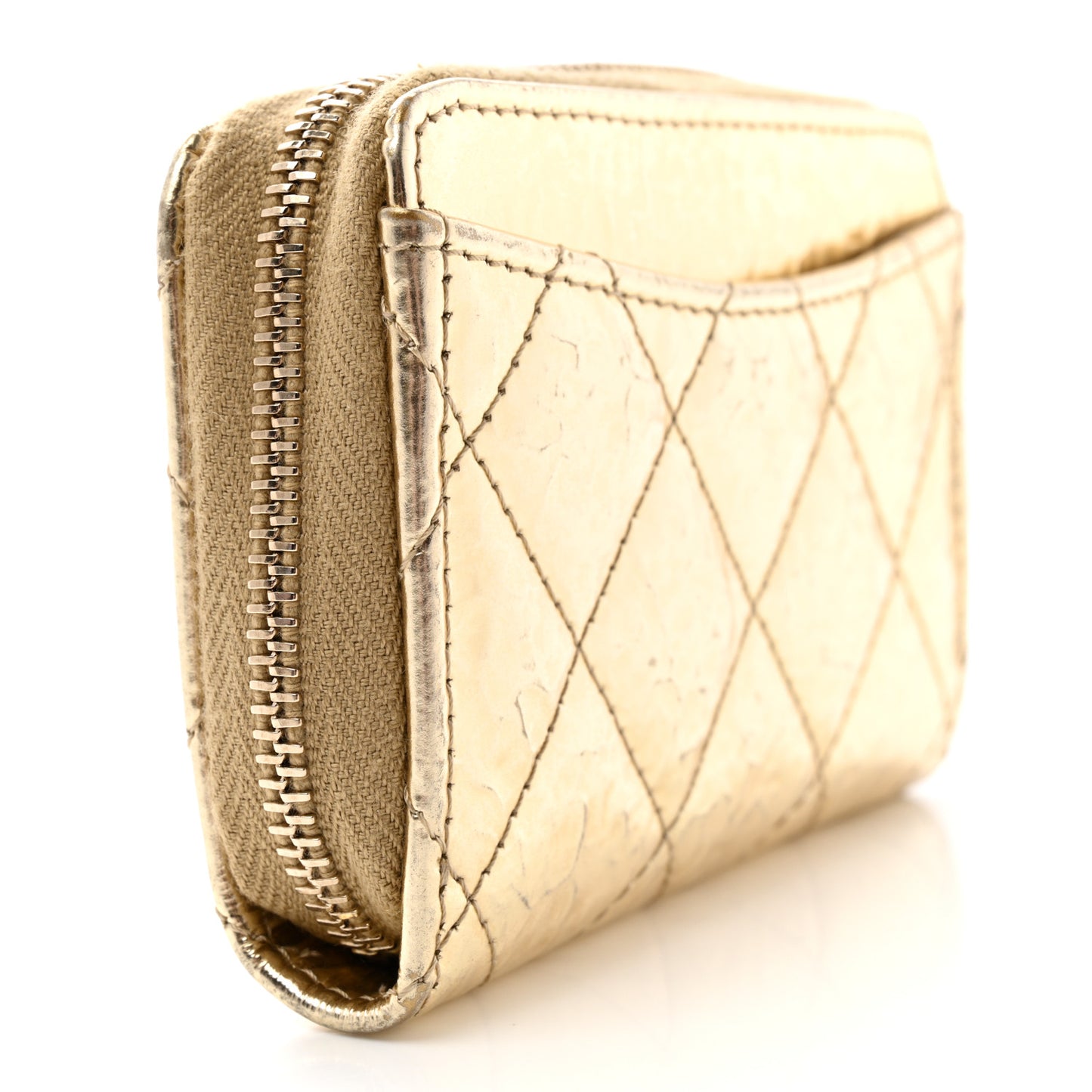 Hammered Metallic Calfskin Quilted Zip Coin Purse Gold