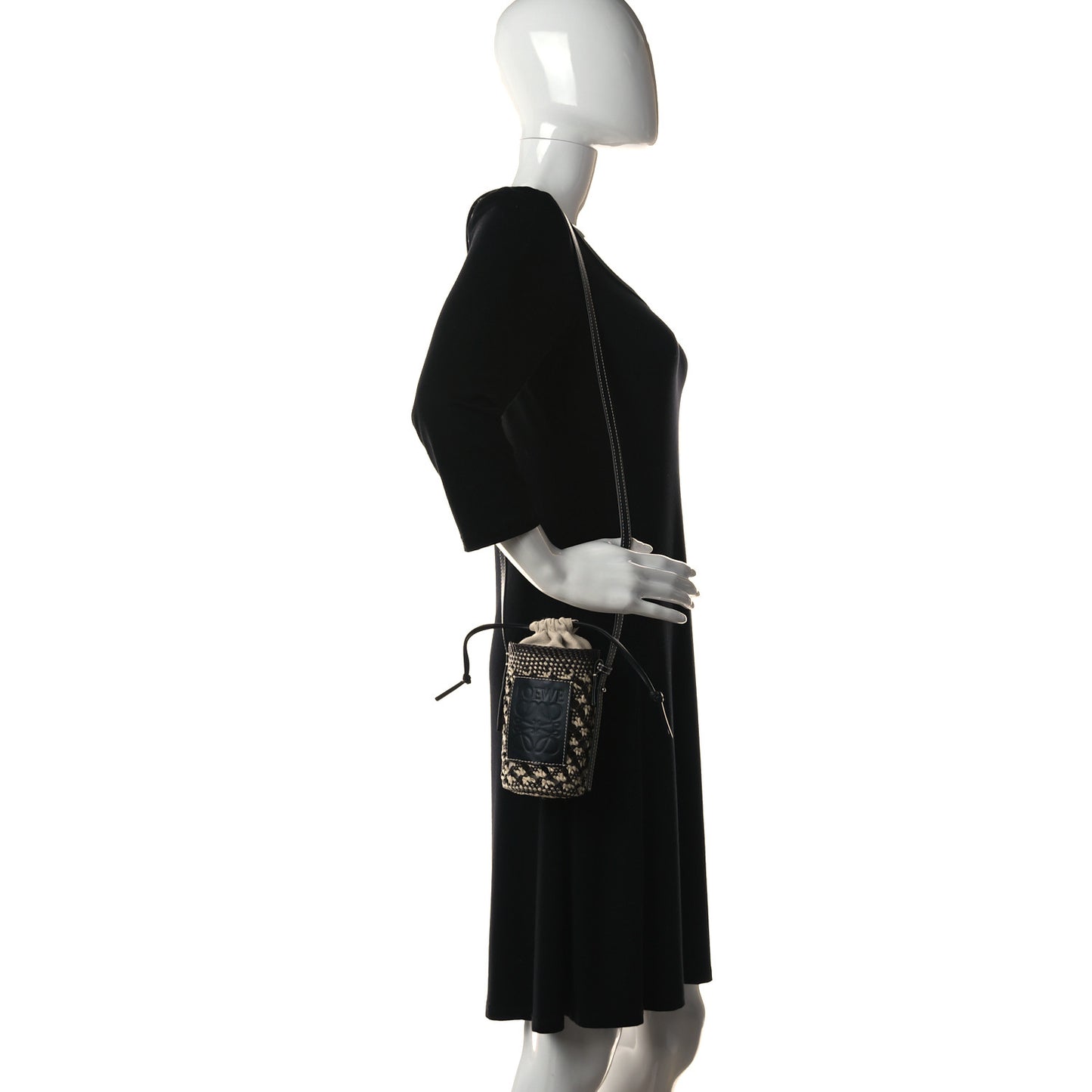 Calfskin Raffia Paula's Ibiza Pocket Bucket Bag Natural Navy Blue
