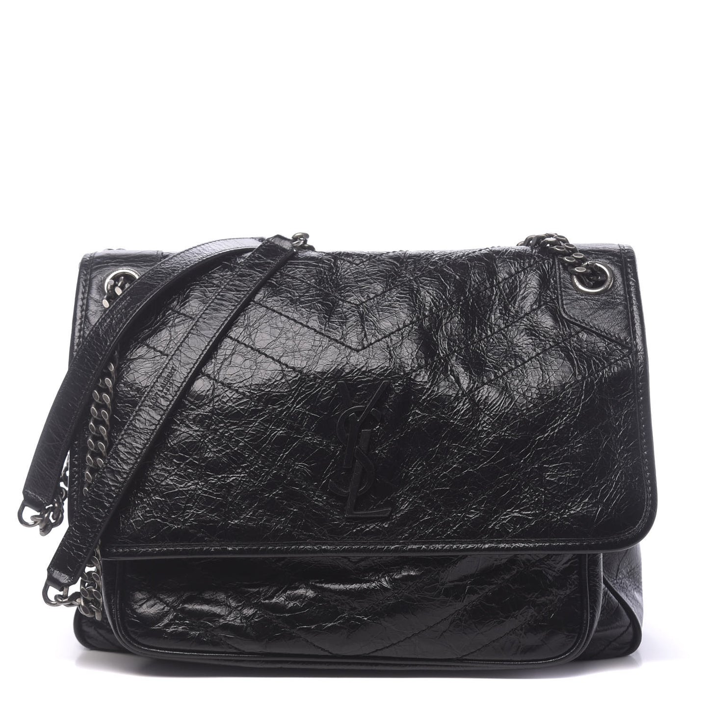 Crinkled Calfskin Matelasse Monogram Large Niki Chain Satchel Black