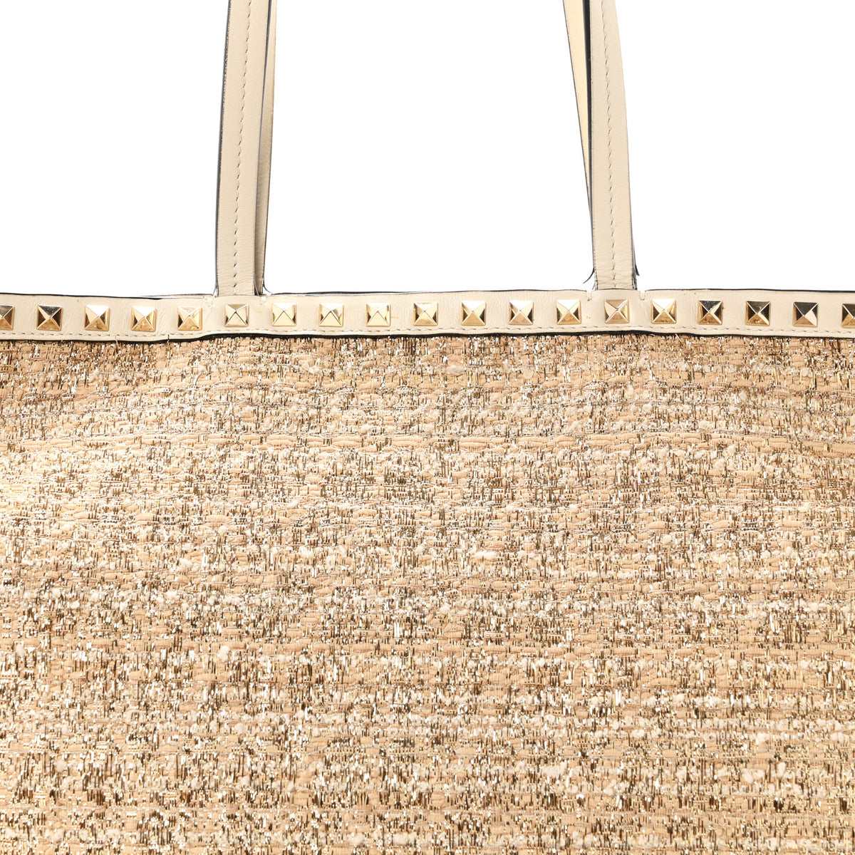 Metallic Boucle Raffia Calfskin Rockstud Shoulder Tote White Gold Ivory