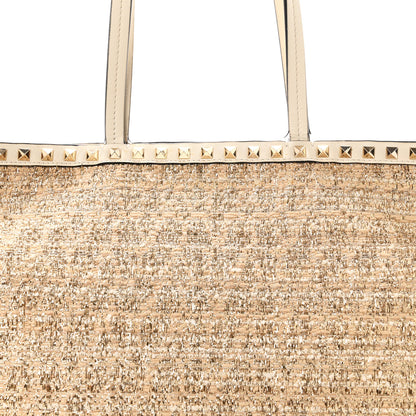 Valentino Garavani Metallic Boucle Raffia Calfskin Rockstud Shoulder Tote White Gold Ivory 6 of 9