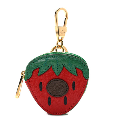 Gucci Textured Dollar Calfskin Retro Interlocking G Fruttini Strawberry Coin Case Bag Charm Key Holder 1 of 6