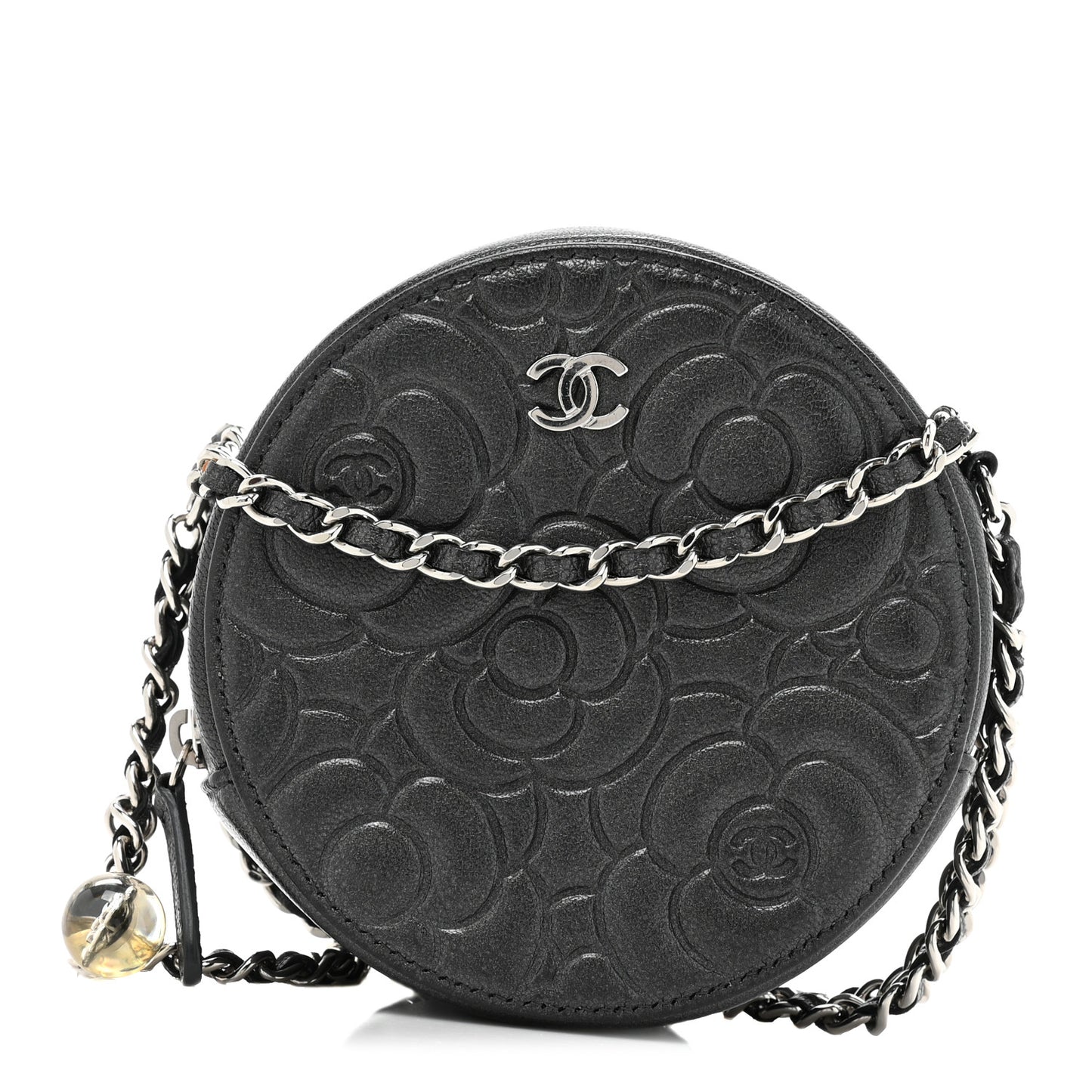 Goatskin Camellia Quilted Round Clutch With Chain Grey