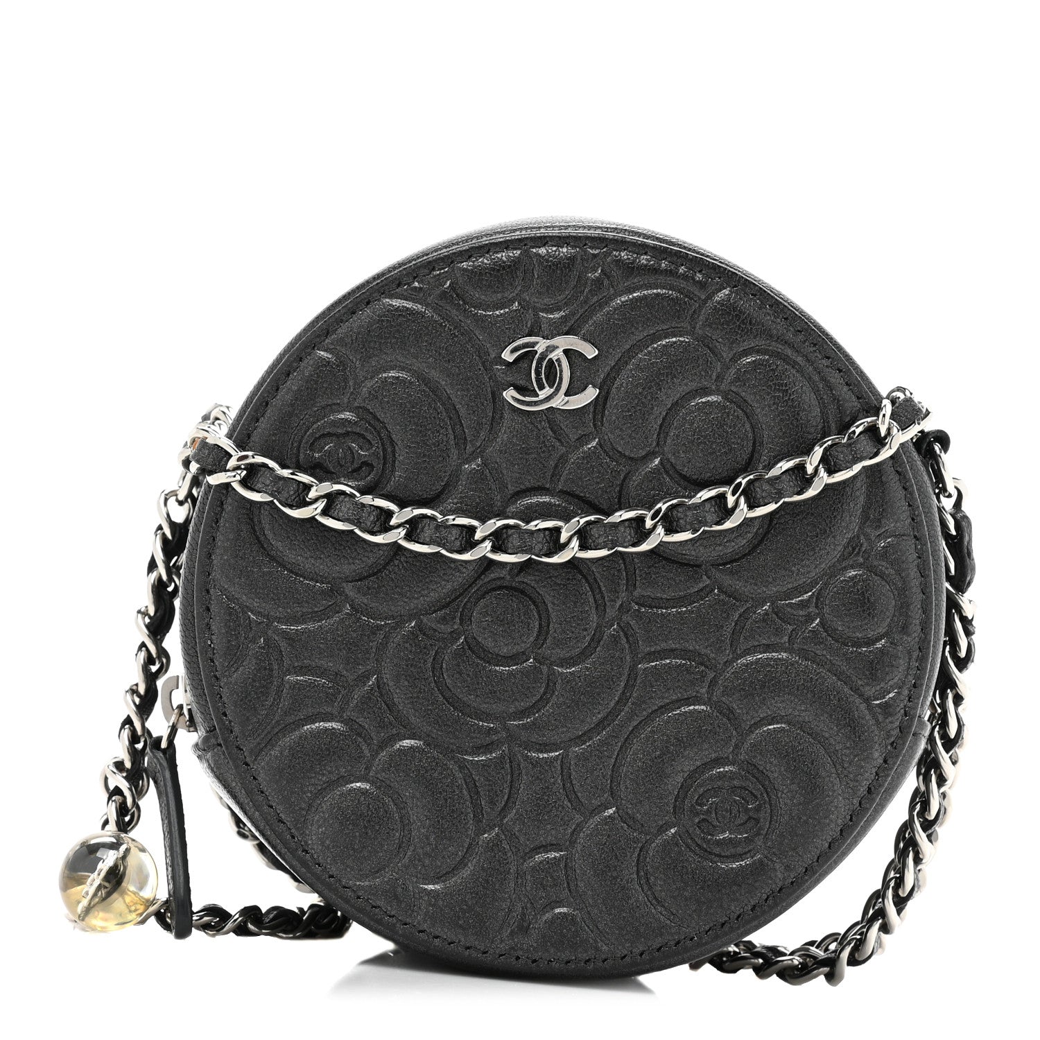 Chanel Goatskin Camellia Quilted Round Clutch With Chain Grey 1 of 9