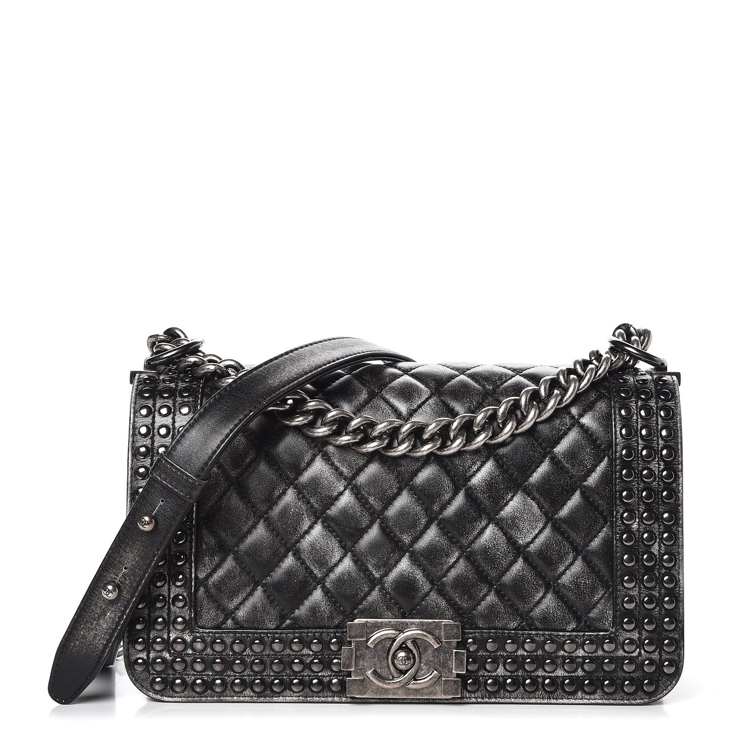 Faded Calfskin Quilted Medium Studded Boy Flap Black