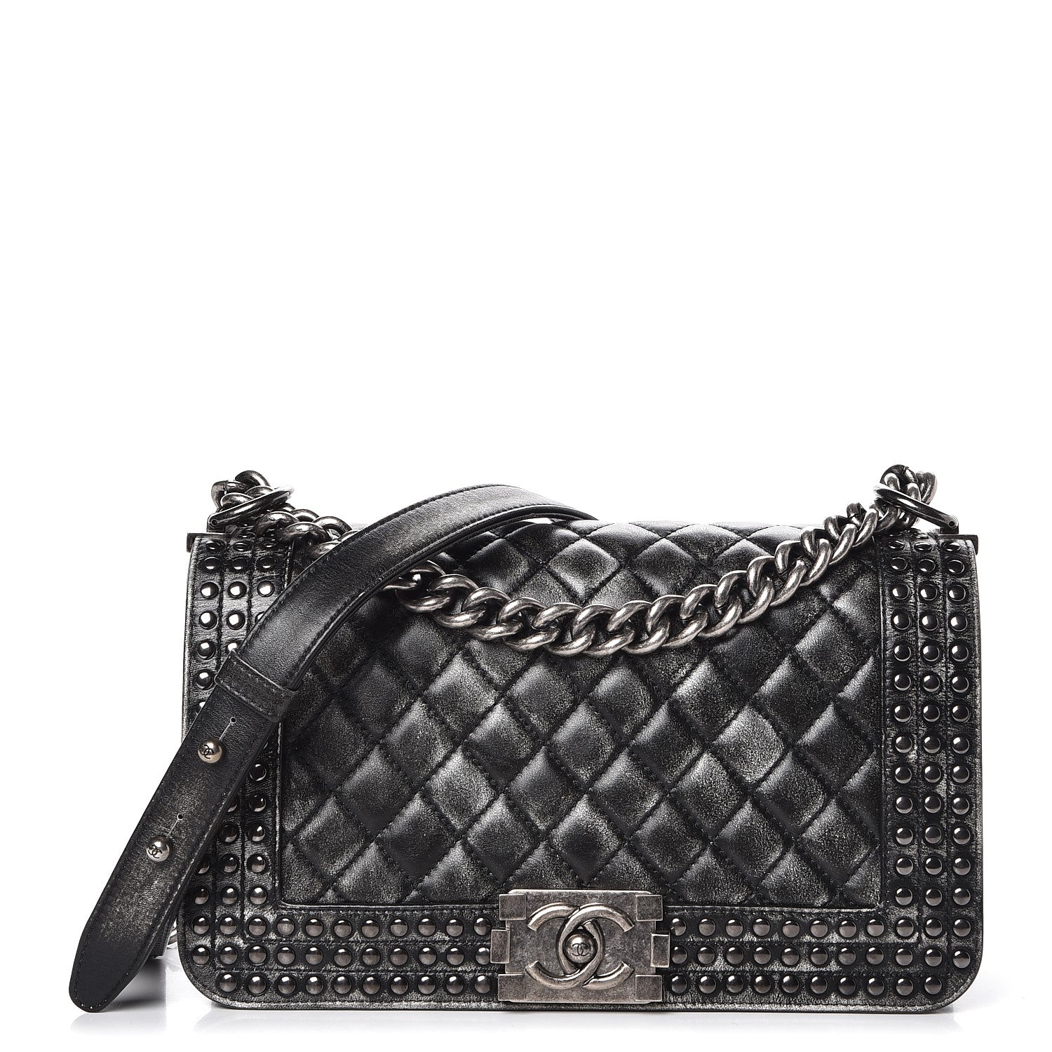 Chanel Faded Calfskin Quilted Medium Studded Boy Flap Black 1 of 9