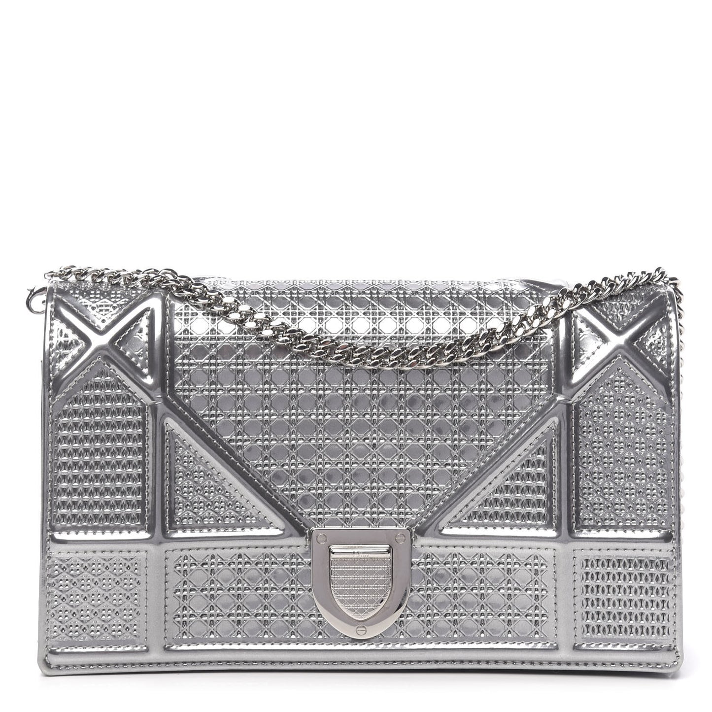 Metallic Patent Micro-Cannage Diorama Wallet on Chain Pouch Silver
