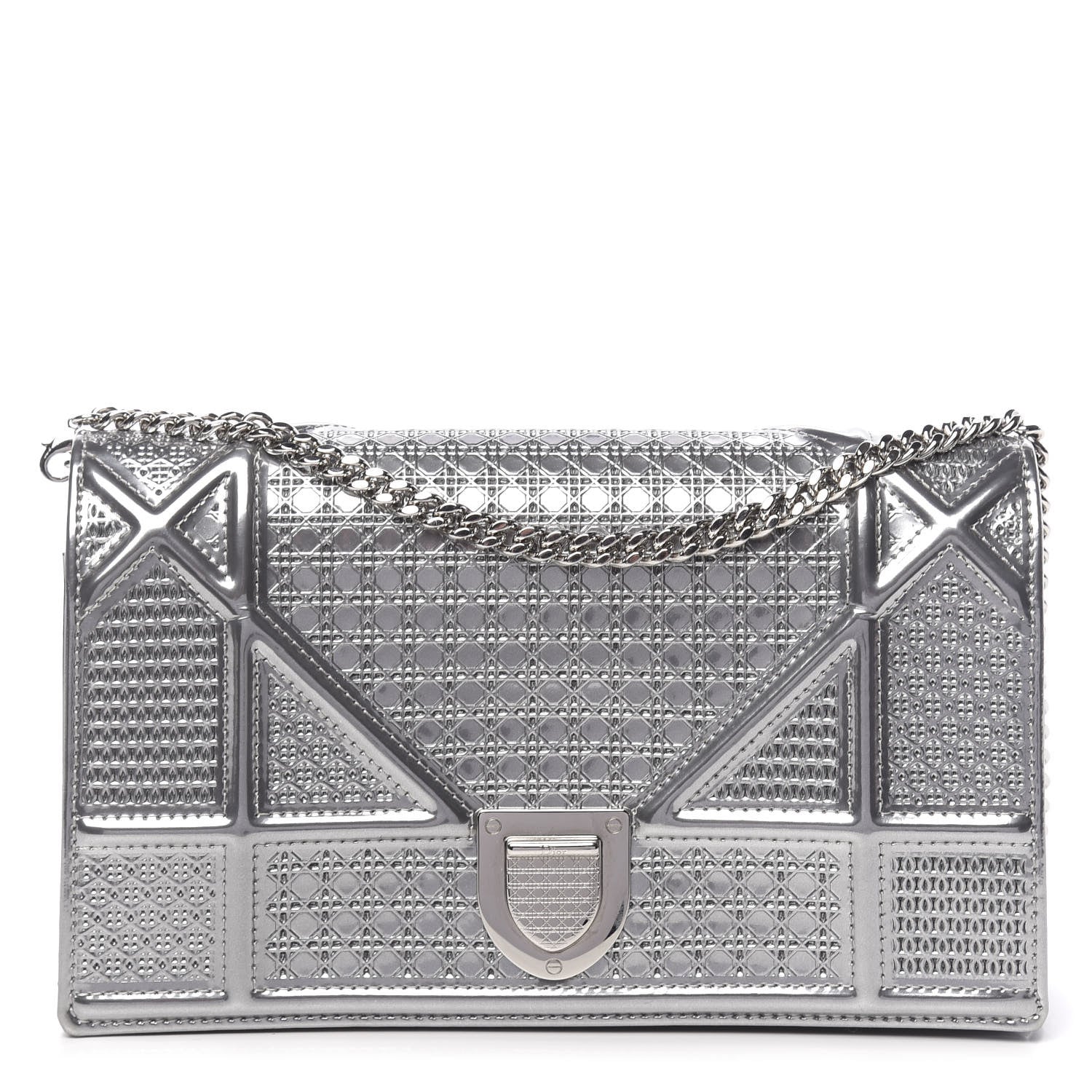Christian Dior Metallic Patent Micro-Cannage Diorama Wallet on Chain Pouch Silver 1 of 10