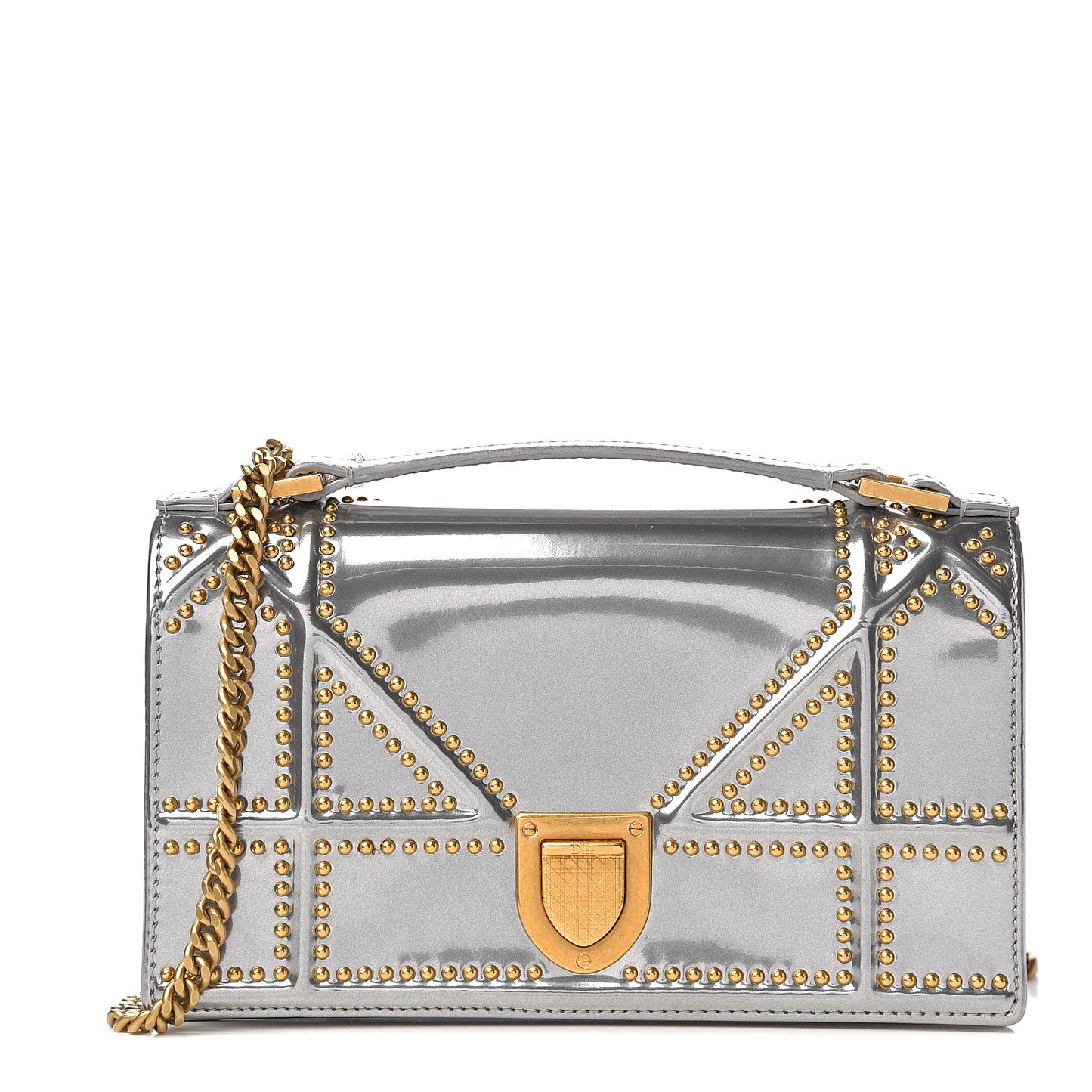 Metallic Patent Studded Diorama Top Handle Wallet on Chain Pouch Silver