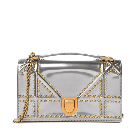 Christian Dior Metallic Patent Studded Diorama Top Handle Wallet on Chain Pouch Silver 1 of 12