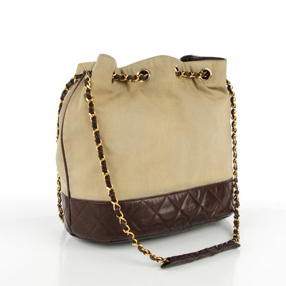 Chanel Canvas Calfskin Drawstring Shoulder Bag Beige Brown 5 of 16