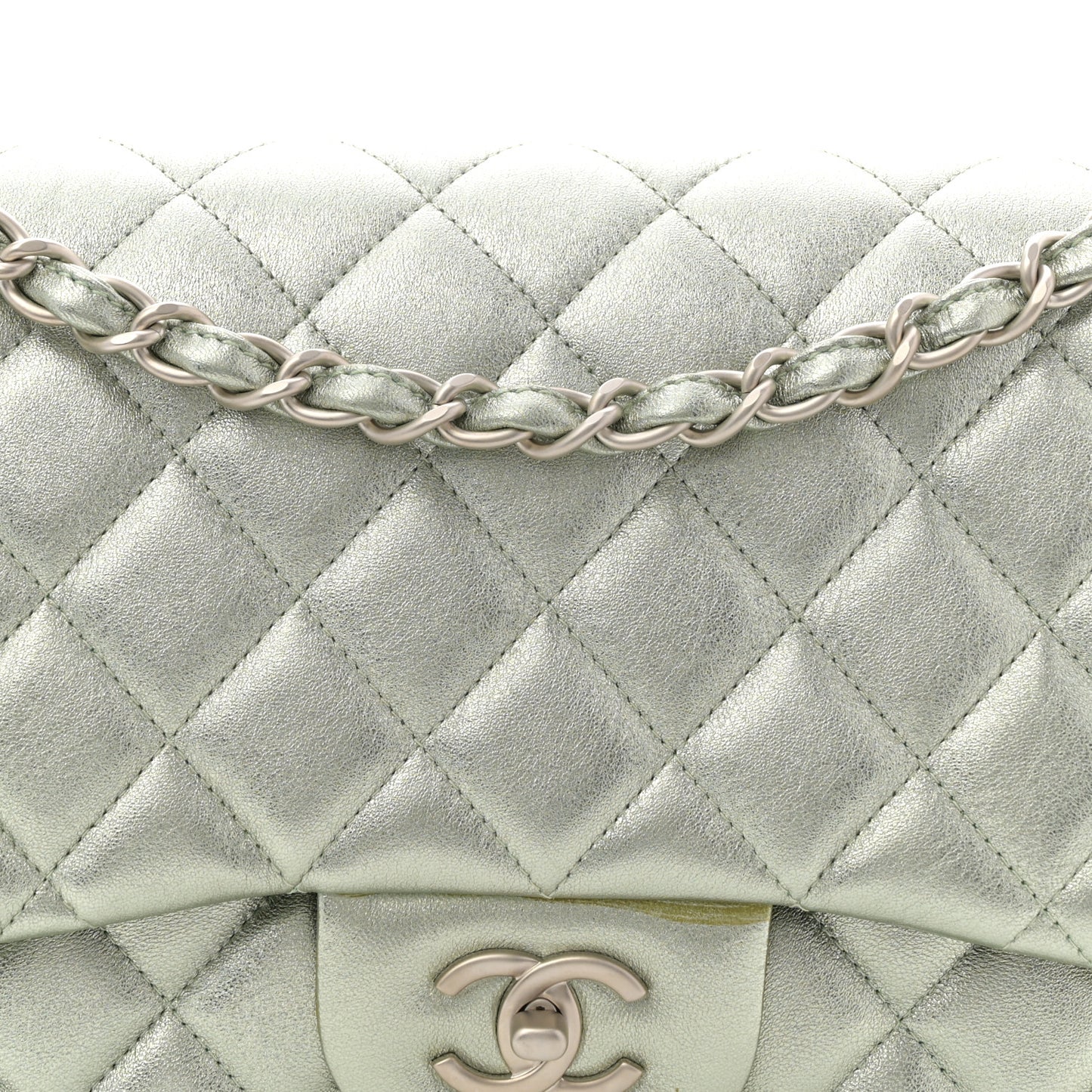 Metallic Lambskin Quilted Jumbo Double Flap Green