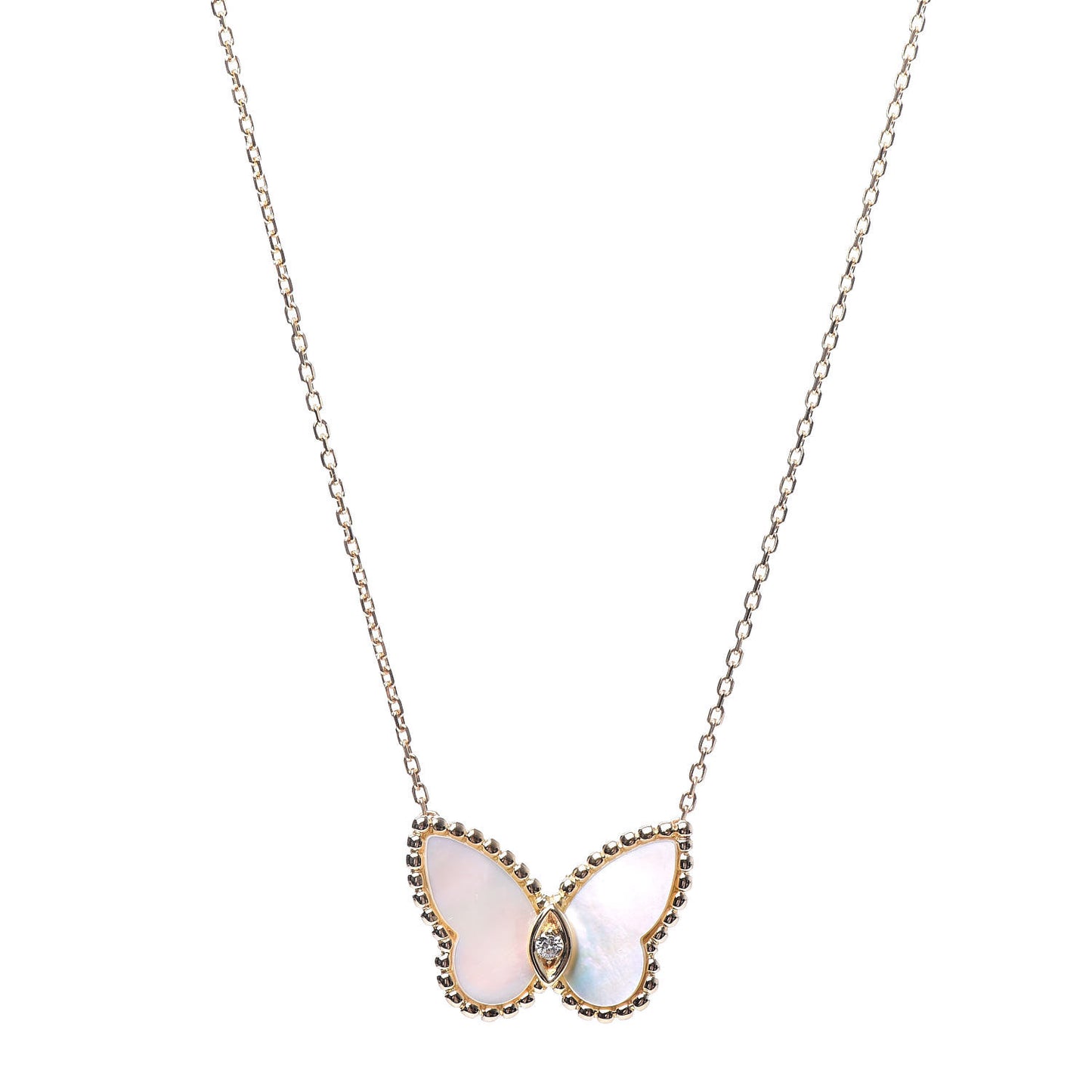 18K Yellow Gold Mother of Pearl Diamond Butterfly Pendant Necklace