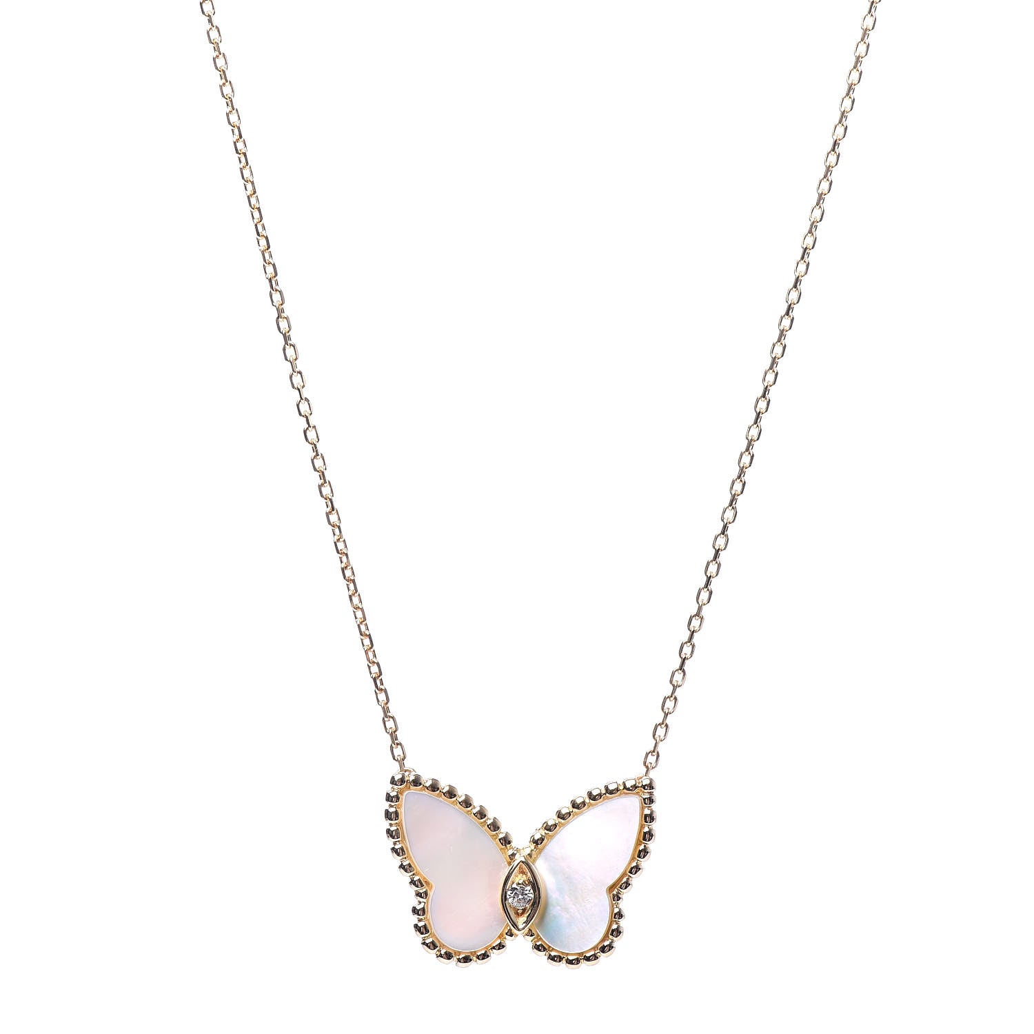Van Cleef & Arpels 18K Yellow Gold Mother of Pearl Diamond Butterfly Pendant Necklace 1 of 5