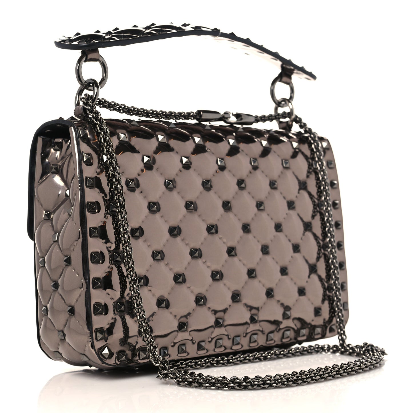 Metallic Patent Medium Rockstud Spike Shoulder Bag Rutenio