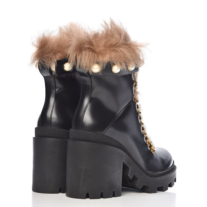 Gucci Magnum Calfskin Fur Pearl Lace Up Combat Ankle Boots 37.5 Black Naturale 4 of 8