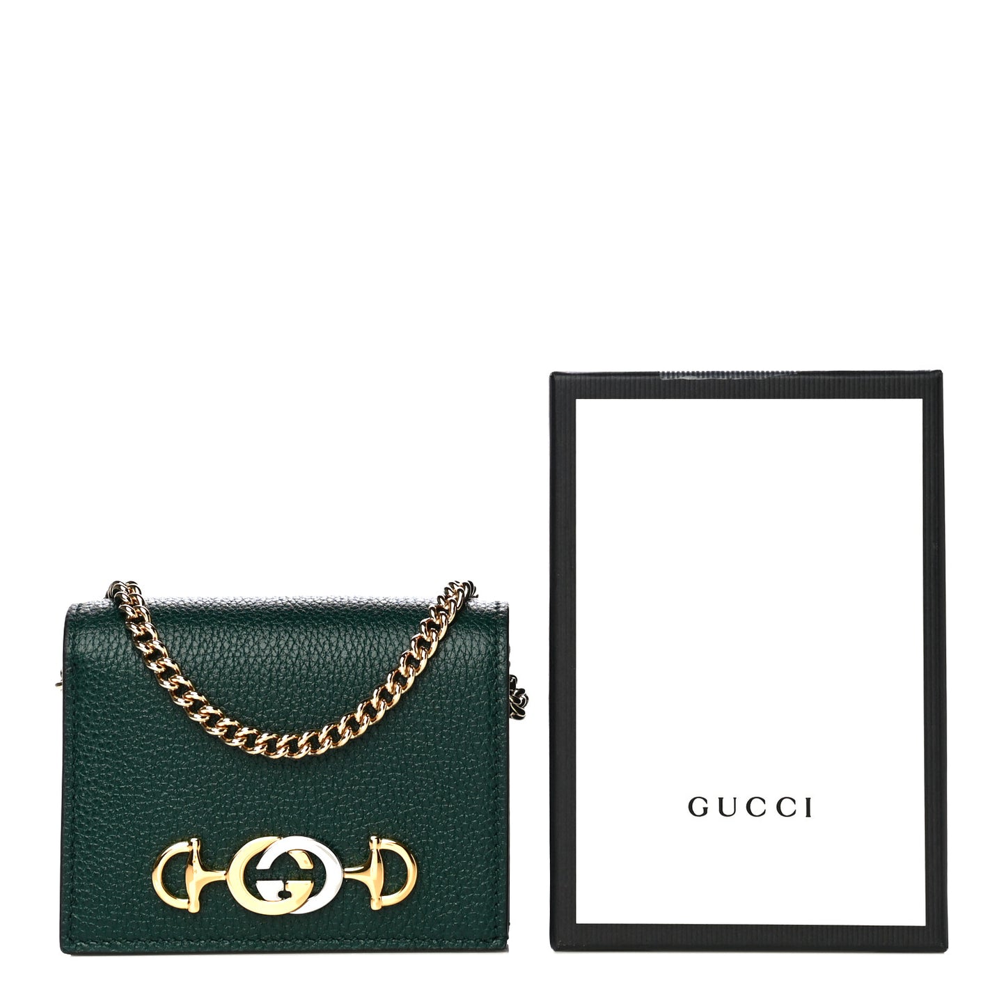Grainy Calfskin Zumi Chain Card Case Wallet Vintage Green