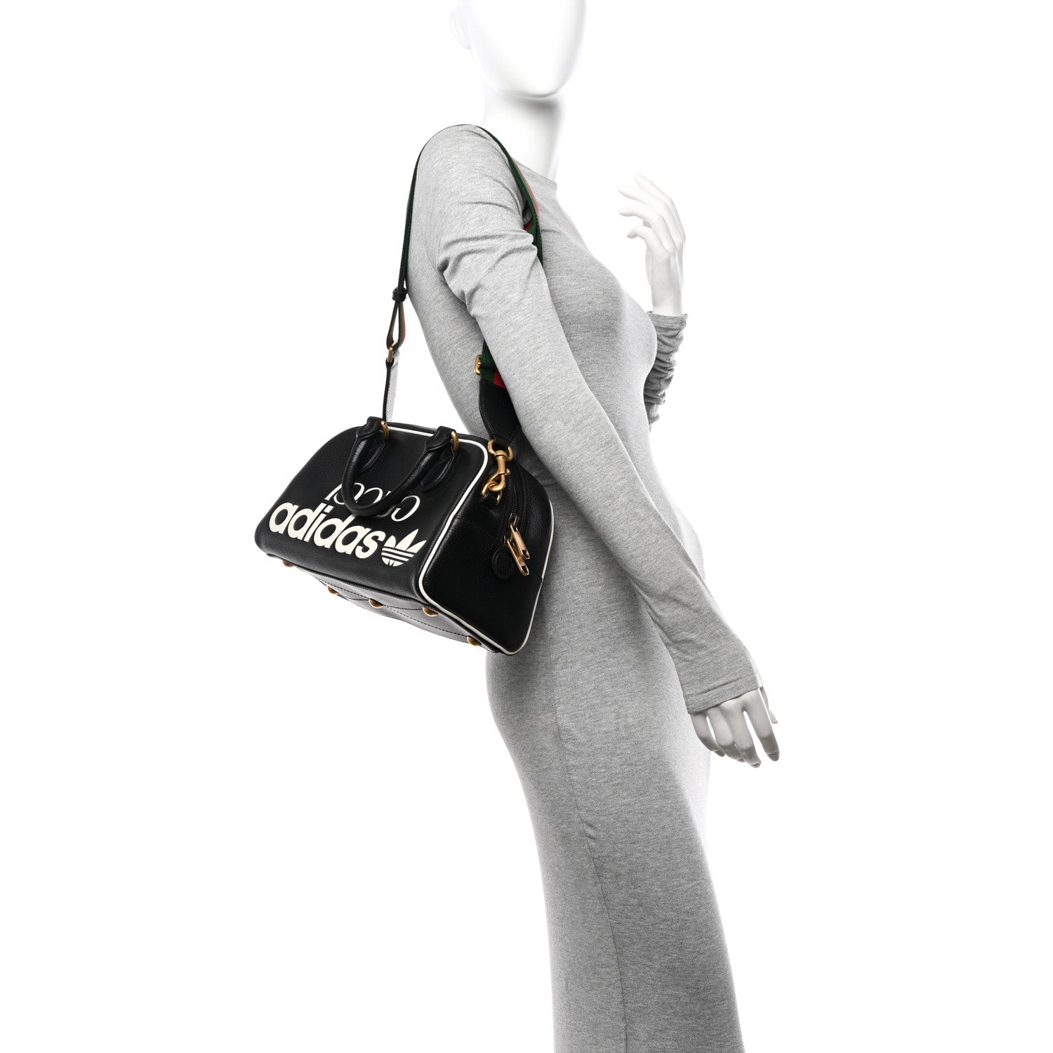 Gucci X ADIDAS Textured Dollar Calfskin Web Trefoil Logo Embossed Mini Bowling Bag Black Off White 2 of 10