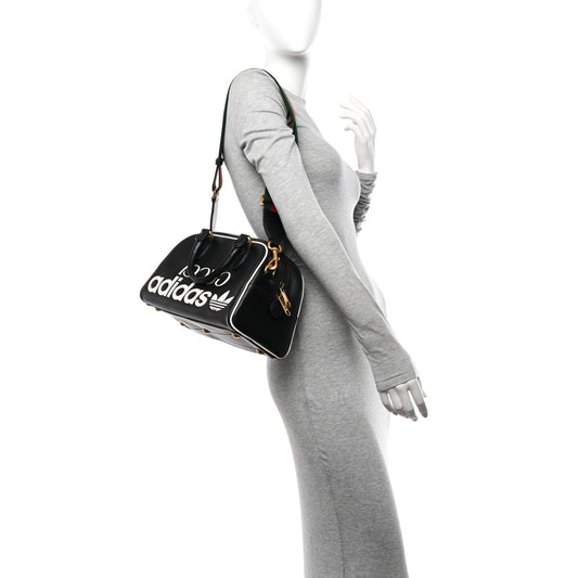 X ADIDAS Textured Dollar Calfskin Web Trefoil Logo Embossed Mini Bowling Bag Black Off White