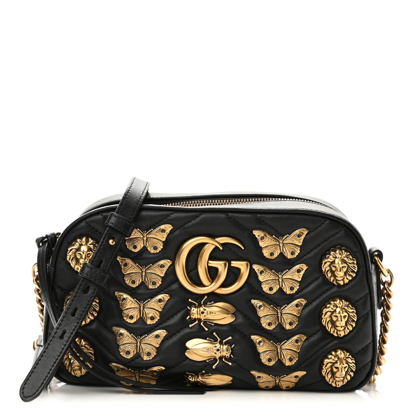 Calfskin Matelasse Animal Studs Small GG Marmont Chain Shoulder Bag Black