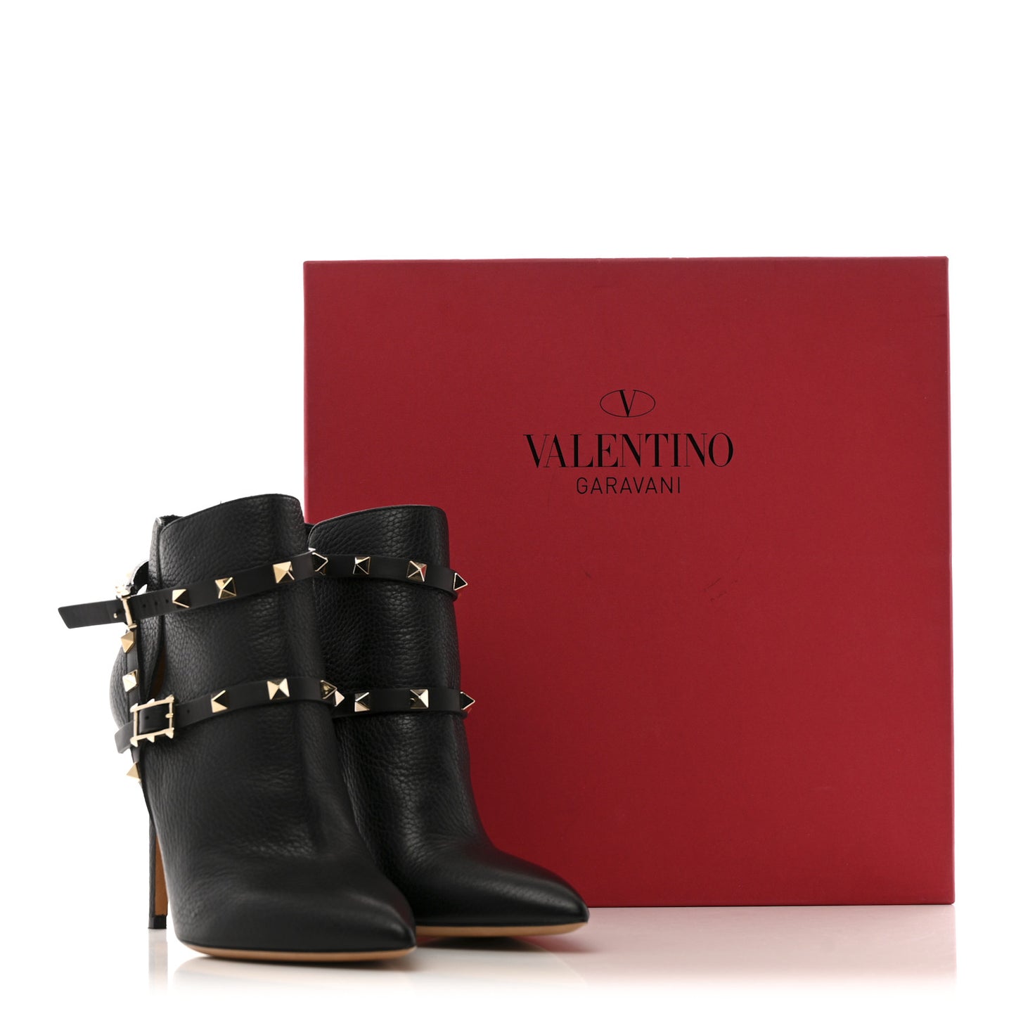 Pebbled Calfskin Rockstud Double Buckle 65mm Ankle Boots 37.5 Black