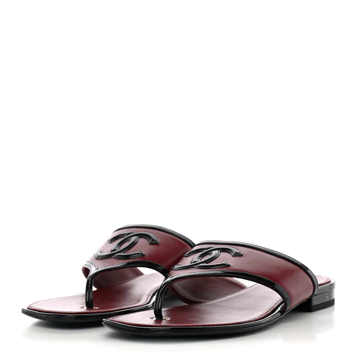 Lambskin Patent Calfskin CC Thong Sandals 37 Burgundy Black